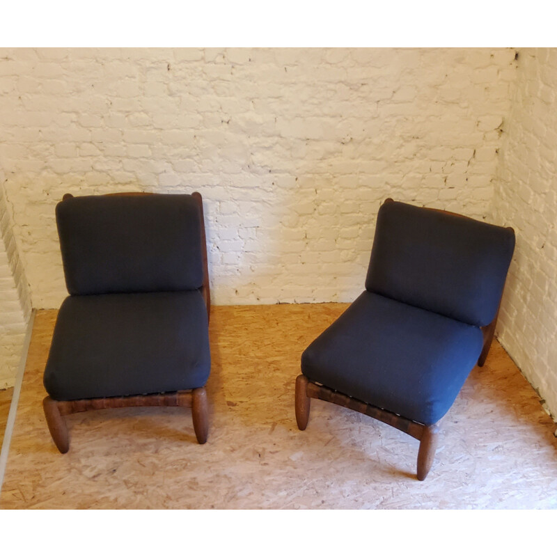 Pair of vintage brutalist armchairs with leather straps