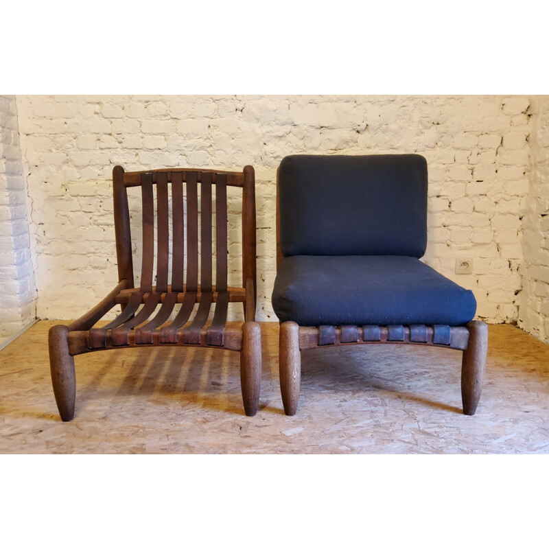 Pair of vintage brutalist armchairs with leather straps