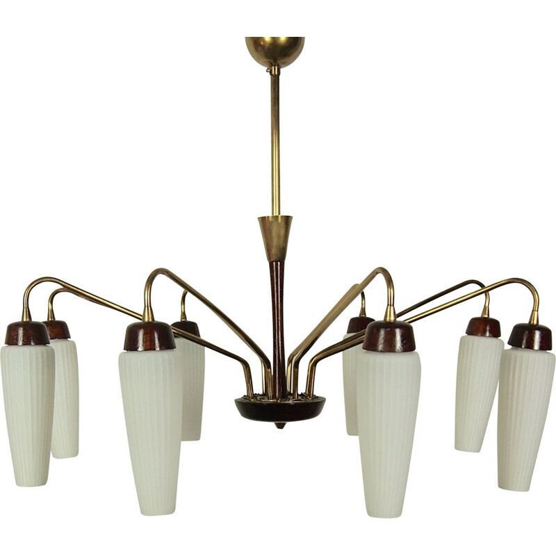 Vintage Italian brass and wood opaline chandelier 1950s