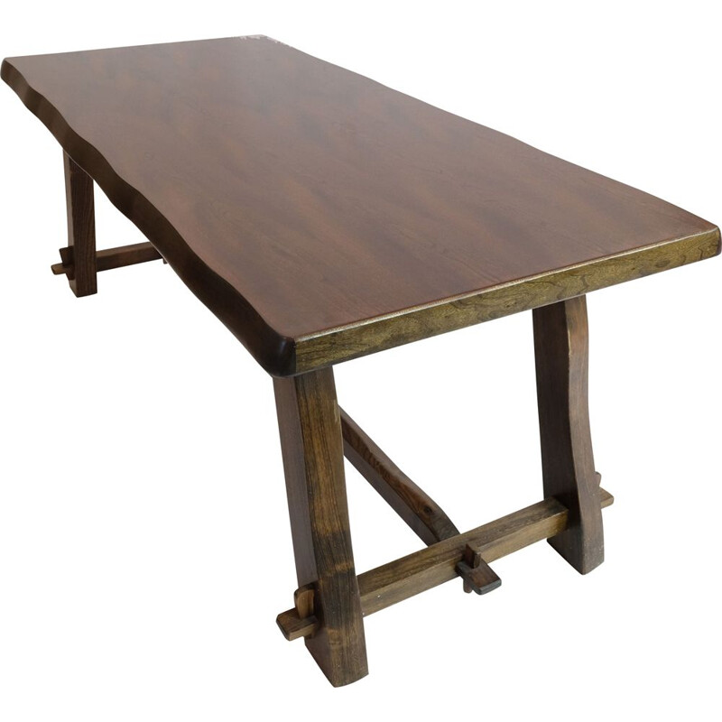 Grote vintage brutalistische massief iepen tafel 1960