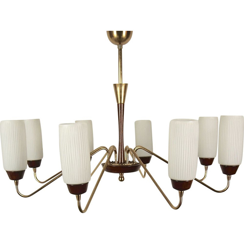 Vintage chandelier in opaline, brass and wood, Italy 1950
