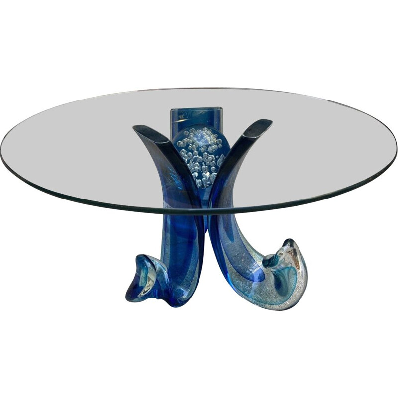 Table basse vintage en verre de murano bleu