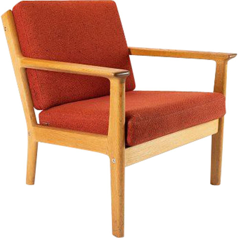 Poltrona Vintage em lã vermelha e carvalho por Hans J. Wegner por Getama 1960