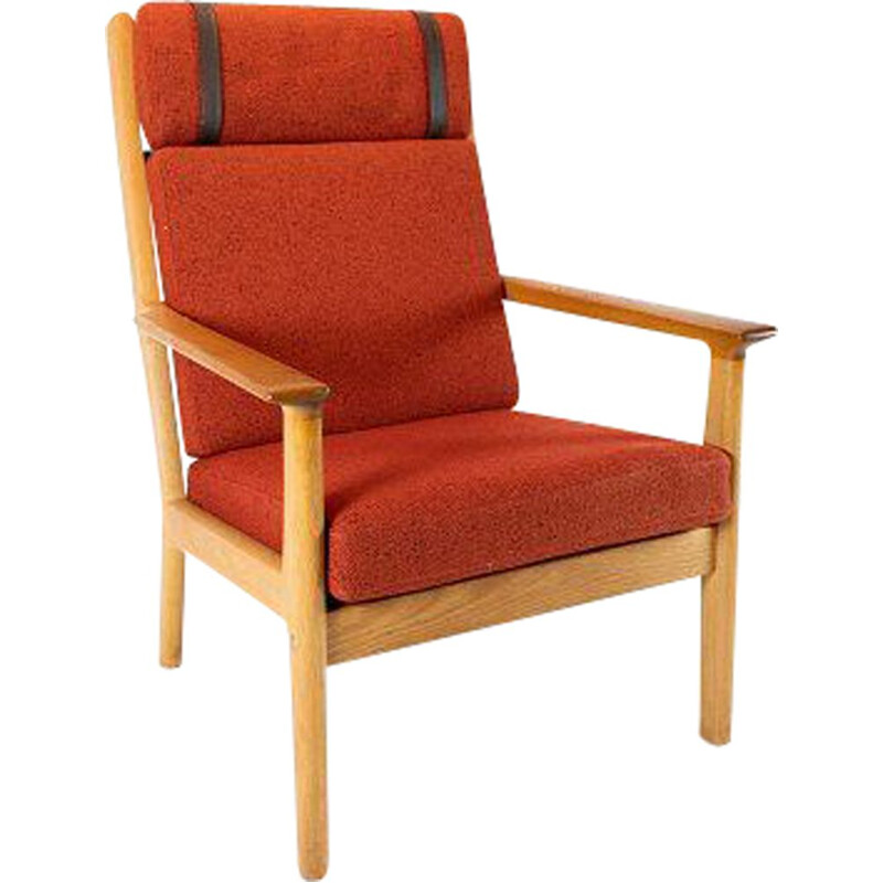 Großer Vintage-Sessel aus Eiche und rotem Wollstoff von Hans J. Wegner und Getama 1960