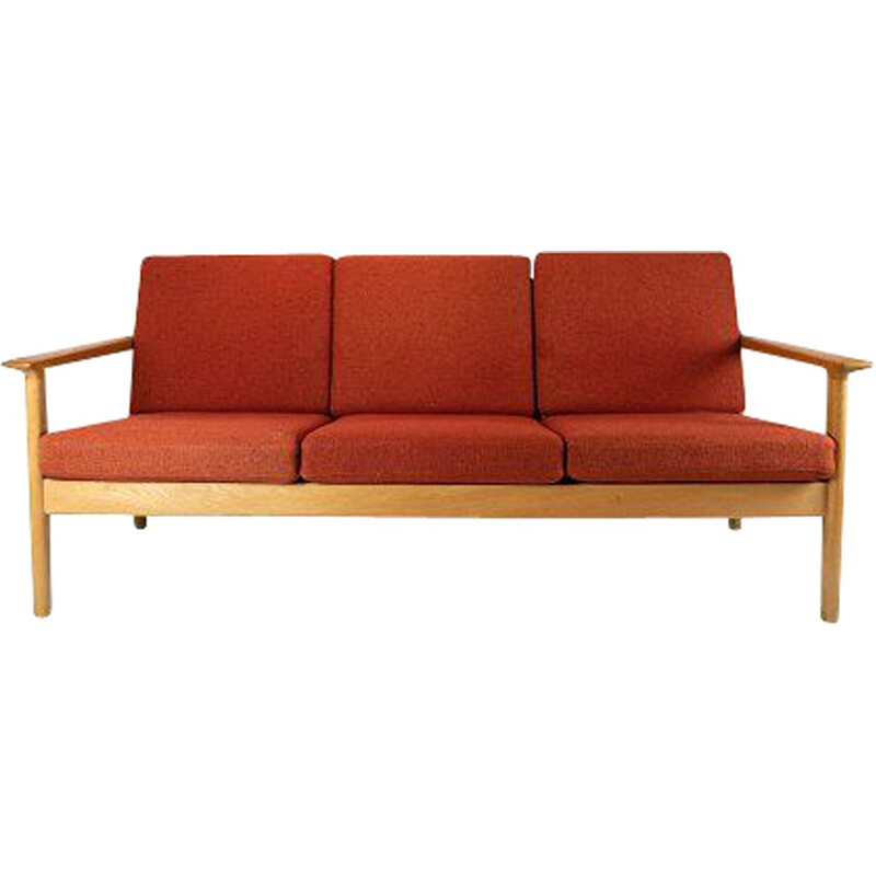Vintage 3-seater sofa in oak and red wool fabric by Hans J. Wegner and Getama 1960