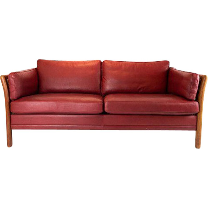 Vintage 2 seater sofa upholstered in Indian red leather, Denmark 1960