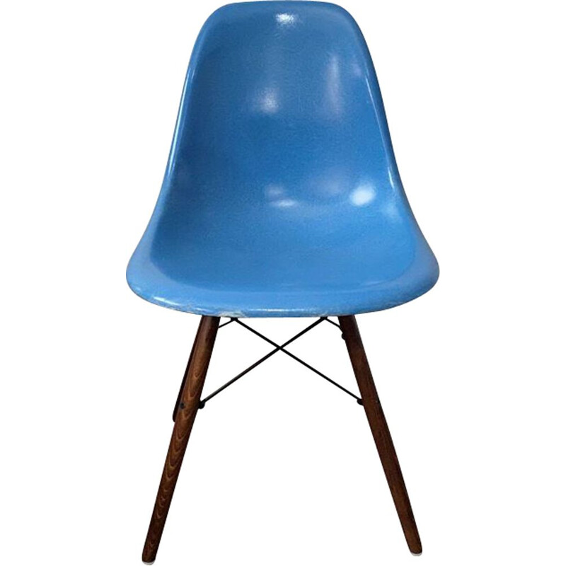 Vintage DSW turquoise blue walnut chair Herman Miller edition by Charles and Ray Eames