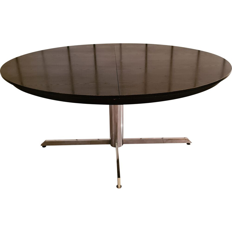 Vintage dining table in blackened wood and chrome base