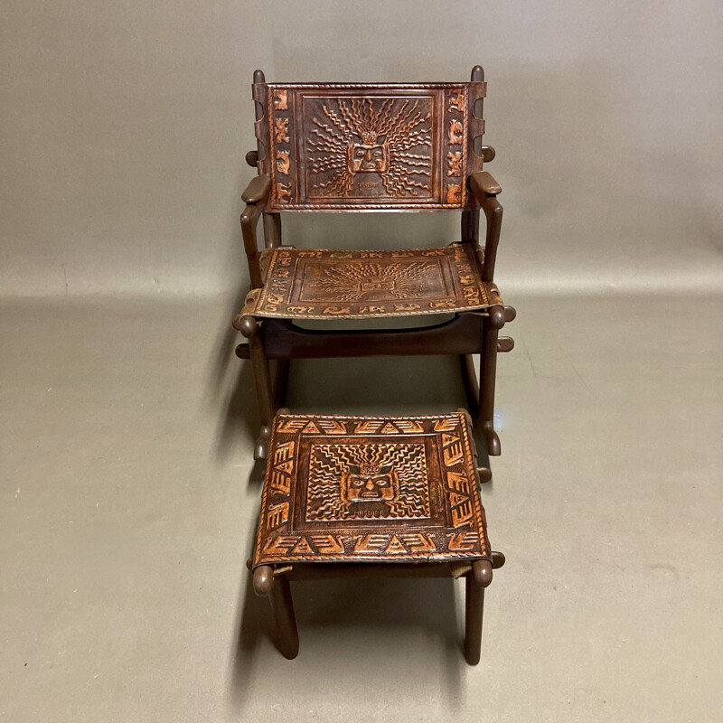 Rocking chair and vintage ottoman in leather and wood, Angel Pazmino 1950