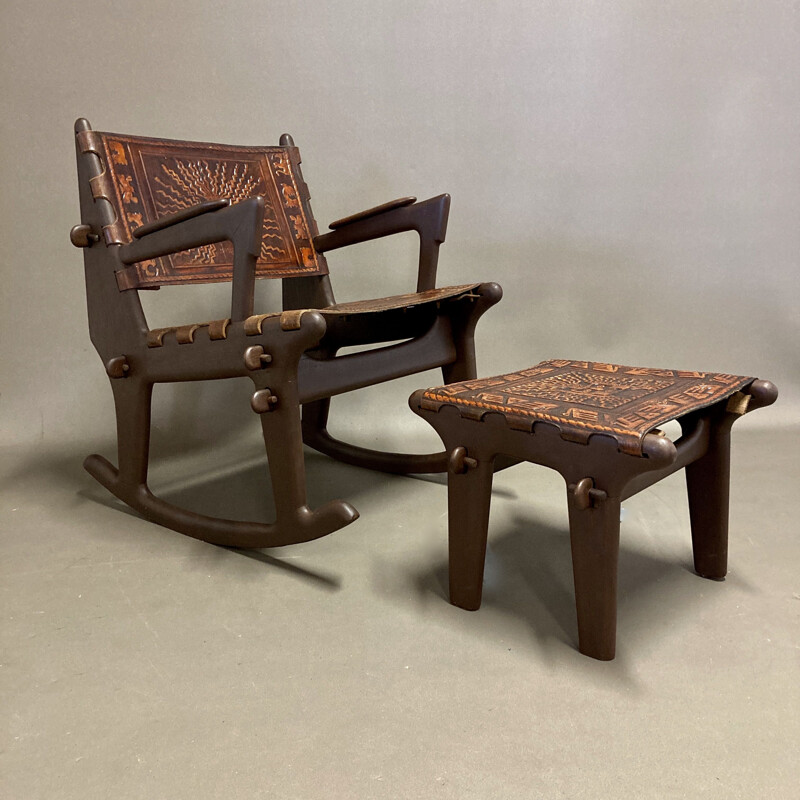 Rocking chair and vintage ottoman in leather and wood, Angel Pazmino 1950