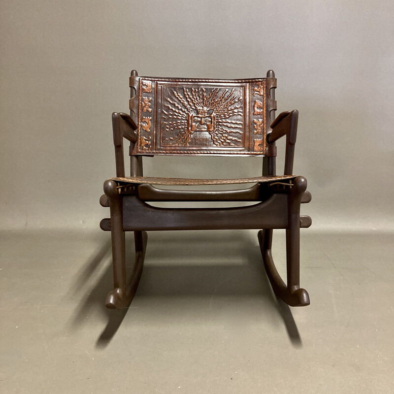 Rocking chair and vintage ottoman in leather and wood, Angel Pazmino 1950