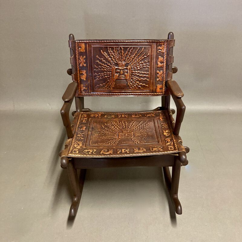 Rocking chair and vintage ottoman in leather and wood, Angel Pazmino 1950