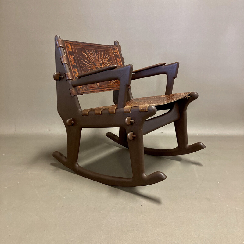 Rocking chair and vintage ottoman in leather and wood, Angel Pazmino 1950