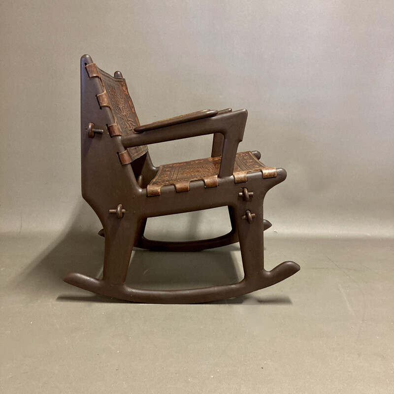 Rocking chair and vintage ottoman in leather and wood, Angel Pazmino 1950