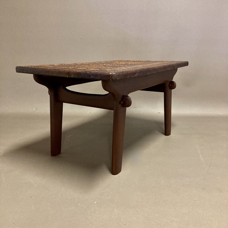 Vintage leather and wood coffee table Angel Pazmino 1950