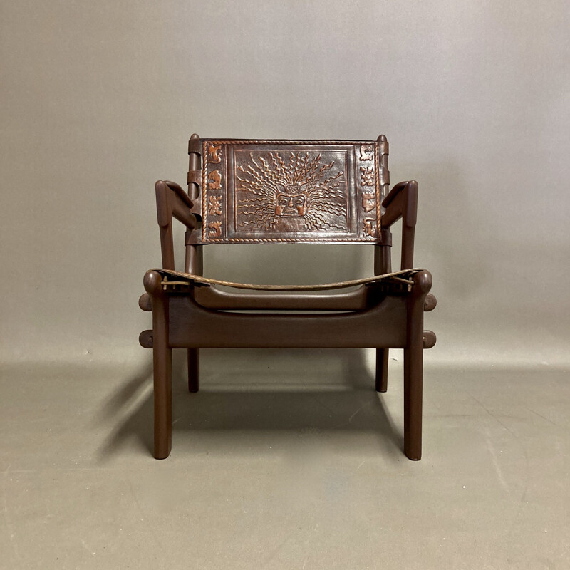 Vintage leather and wood armchair Angel Pazmino 1950