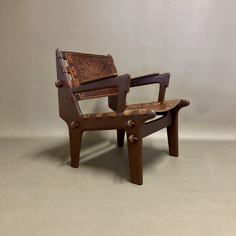 Vintage leather and wood armchair Angel Pazmino 1950