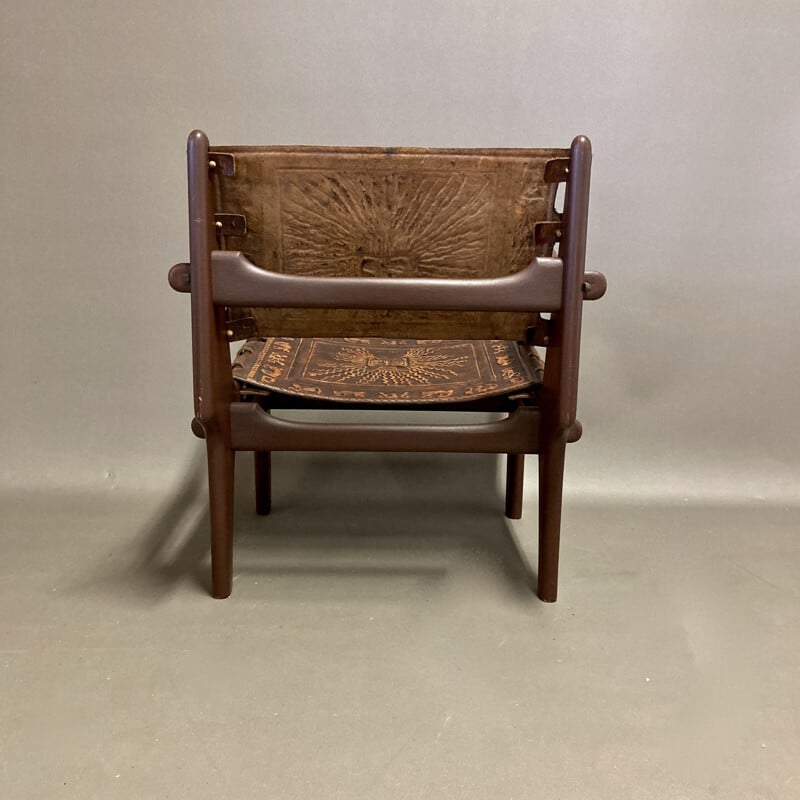 Vintage leather and wood armchair Angel Pazmino 1950