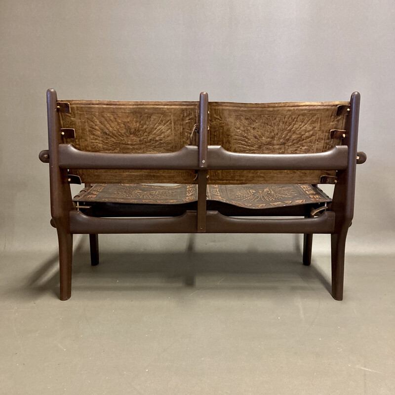 Vintage leather and wood Angel Pazmino 1950 bench seat