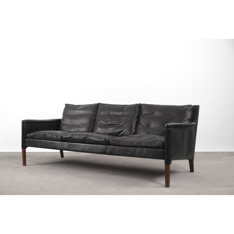 Early vintage Black Leather 3-Seater Sofa by Kurt Østervig for Centrum Møbler Danish 1950s