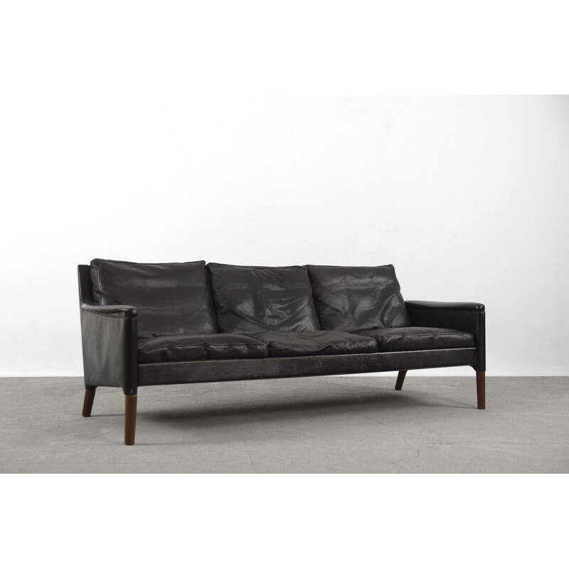 Early vintage Black Leather 3-Seater Sofa by Kurt Østervig for Centrum Møbler Danish 1950s