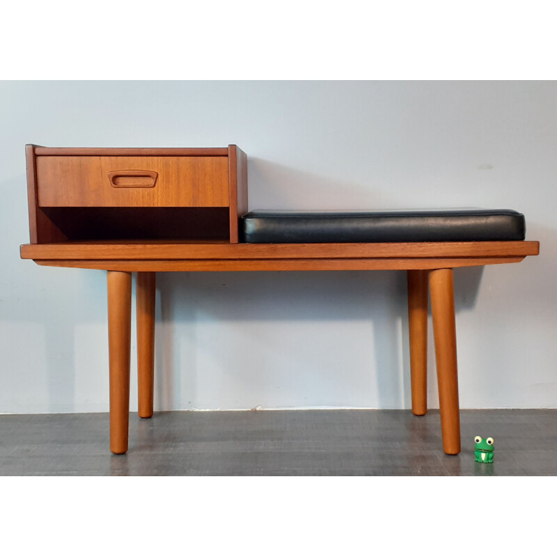 Banc Téléphone vintage 1 tiroir en Teck et Cuir Noir Scandinave Norvégien 1960s