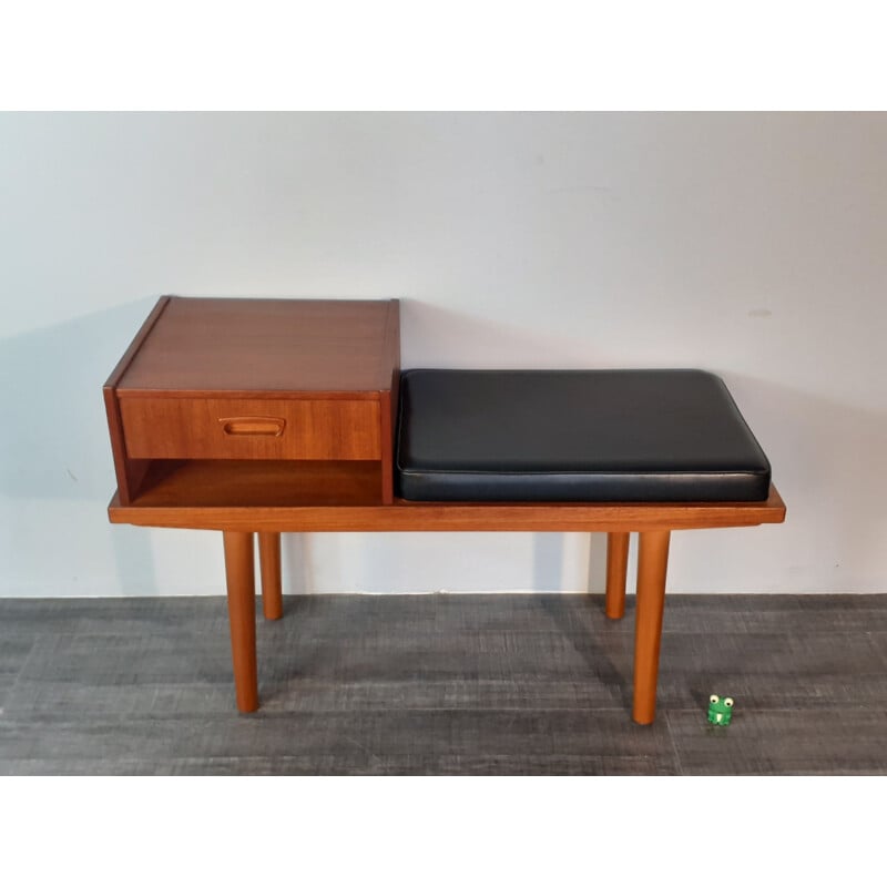 Vintage Telephone Bench 1 drawer in Teak and Scandinavian Black Leather Scandinavian Norwegian 1960s