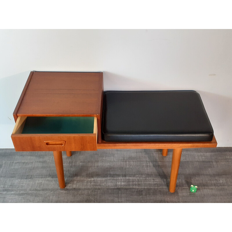 Vintage Telephone Bench 1 drawer in Teak and Scandinavian Black Leather Scandinavian Norwegian 1960s