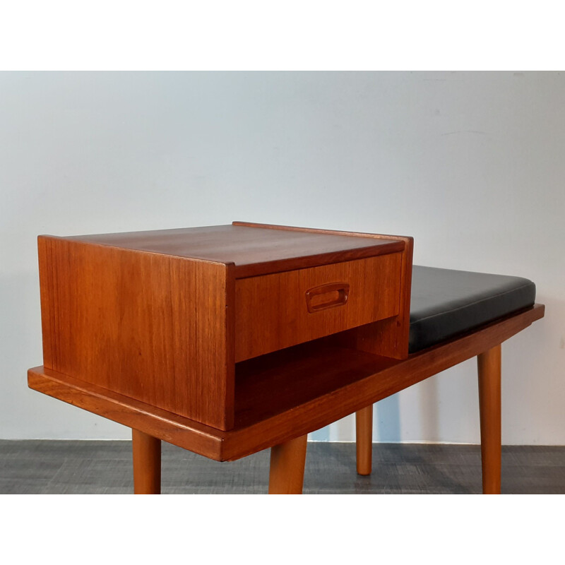 Vintage Telephone Bench 1 drawer in Teak and Scandinavian Black Leather Scandinavian Norwegian 1960s