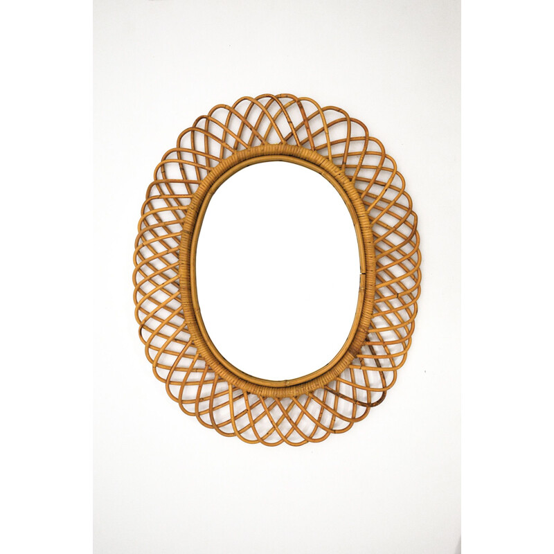 Vintage Mirror Wicker & Bamboo by Franco Albini For Bonacina Italian 1960s