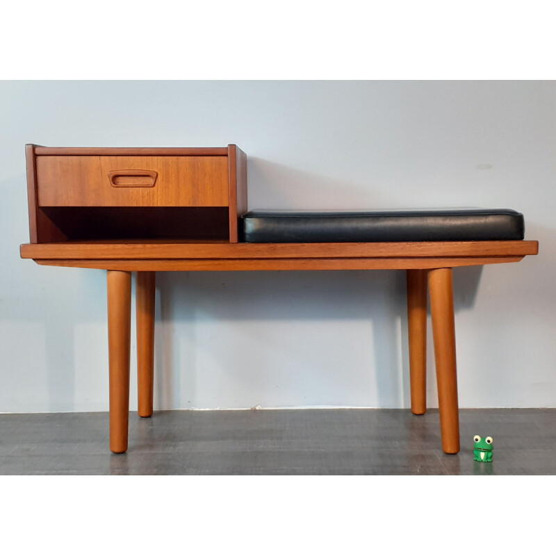 Vintage Telephone Bench 1 drawer in Teak and Scandinavian Black Leather Scandinavian Norwegian 1960s