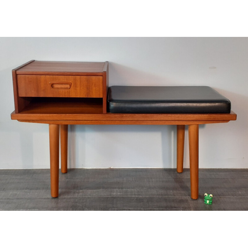 Vintage Telephone Bench 1 drawer in Teak and Scandinavian Black Leather Scandinavian Norwegian 1960s