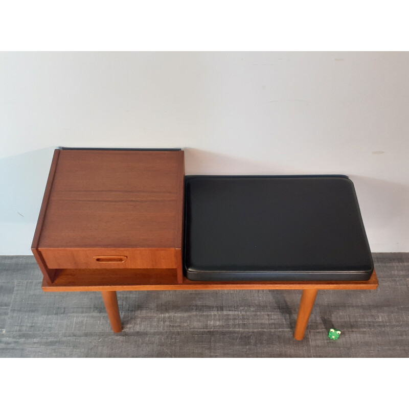 Vintage Telephone Bench 1 drawer in Teak and Scandinavian Black Leather Scandinavian Norwegian 1960s