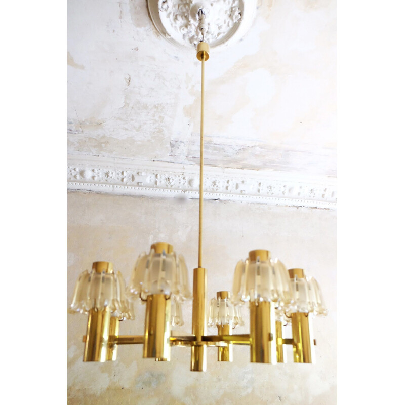 Large Vintage Chandelier Doria Brass and Frosted Glass 1960s