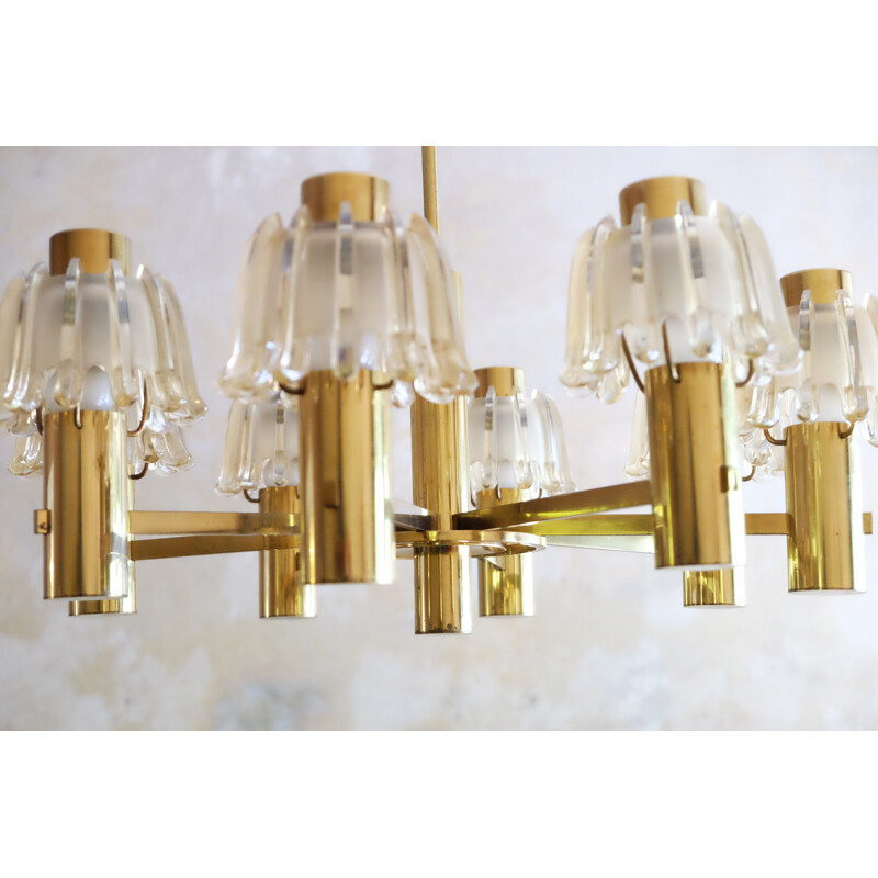 Large Vintage Chandelier Doria Brass and Frosted Glass 1960s