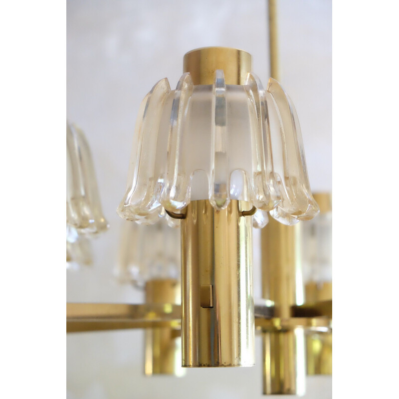 Large Vintage Chandelier Doria Brass and Frosted Glass 1960s