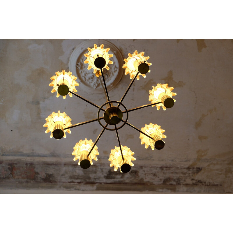 Large Vintage Chandelier Doria Brass and Frosted Glass 1960s