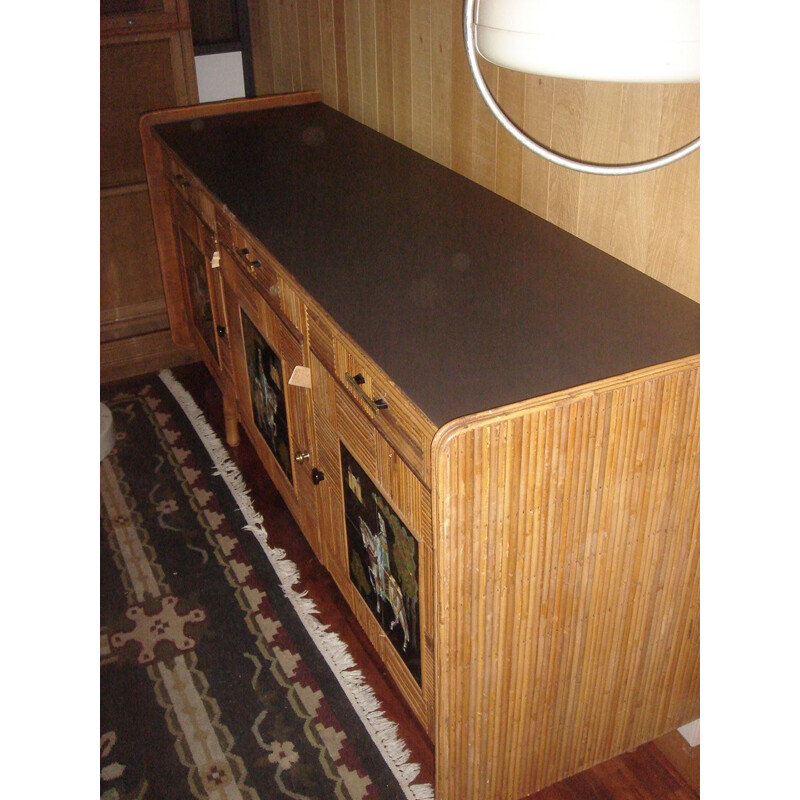 Vintage sideboard rattan and wood Audoux & Minnet 1950