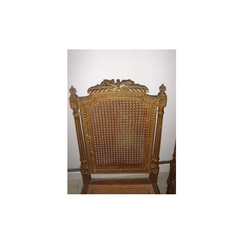 Coppia di sedie d'epoca Luigi XVI in legno dorato con rattan