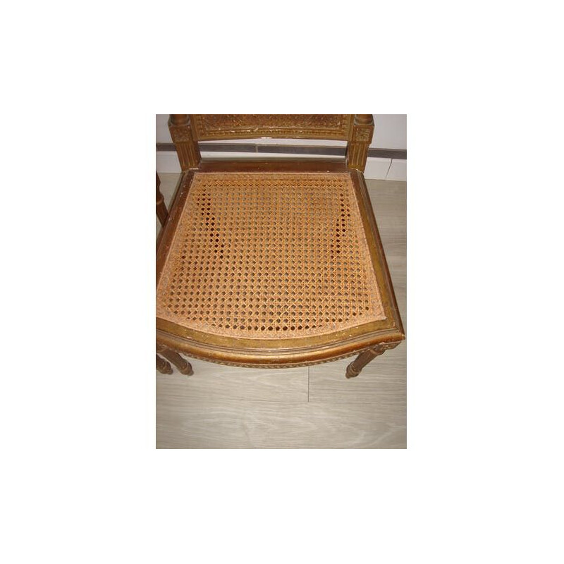 Paar vintage Louis XVI vergulde houten stoelen met rotan