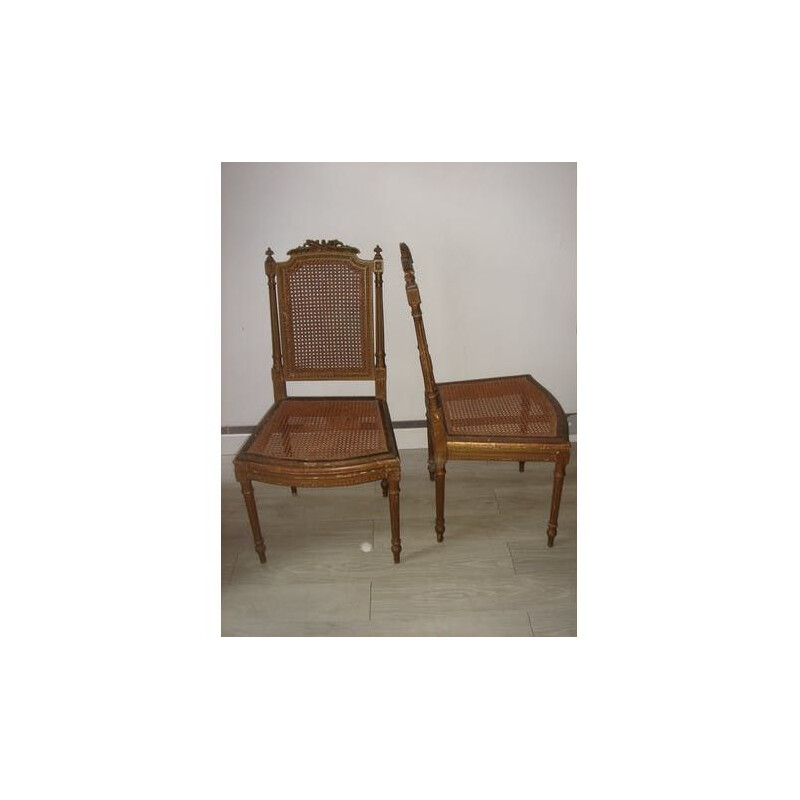 Pair of vintage Louis XVI gilded wood chairs with rattan