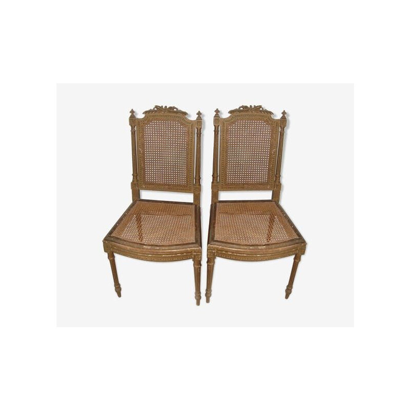 Coppia di sedie d'epoca Luigi XVI in legno dorato con rattan