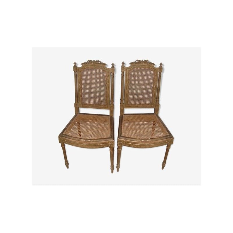 Pair of vintage Louis XVI gilded wood chairs with rattan