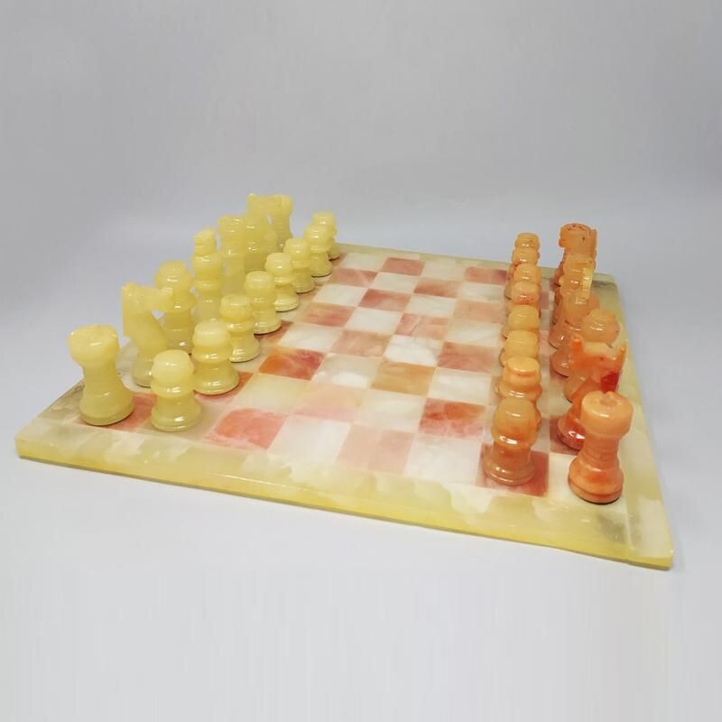 Vintage Chess Set in Volterra Alabaster Handmade Italian 1960s