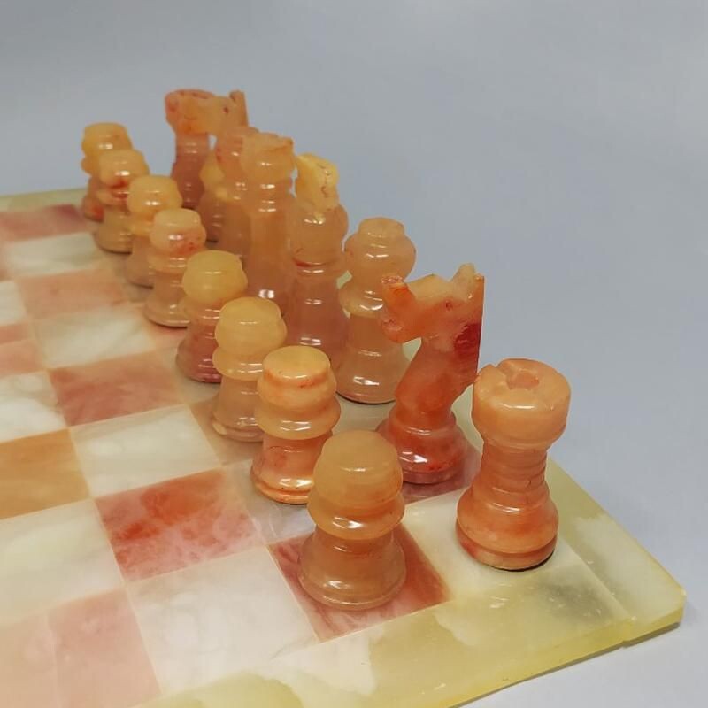 Vintage Chess Set in Volterra Alabaster Handmade Italian 1960s