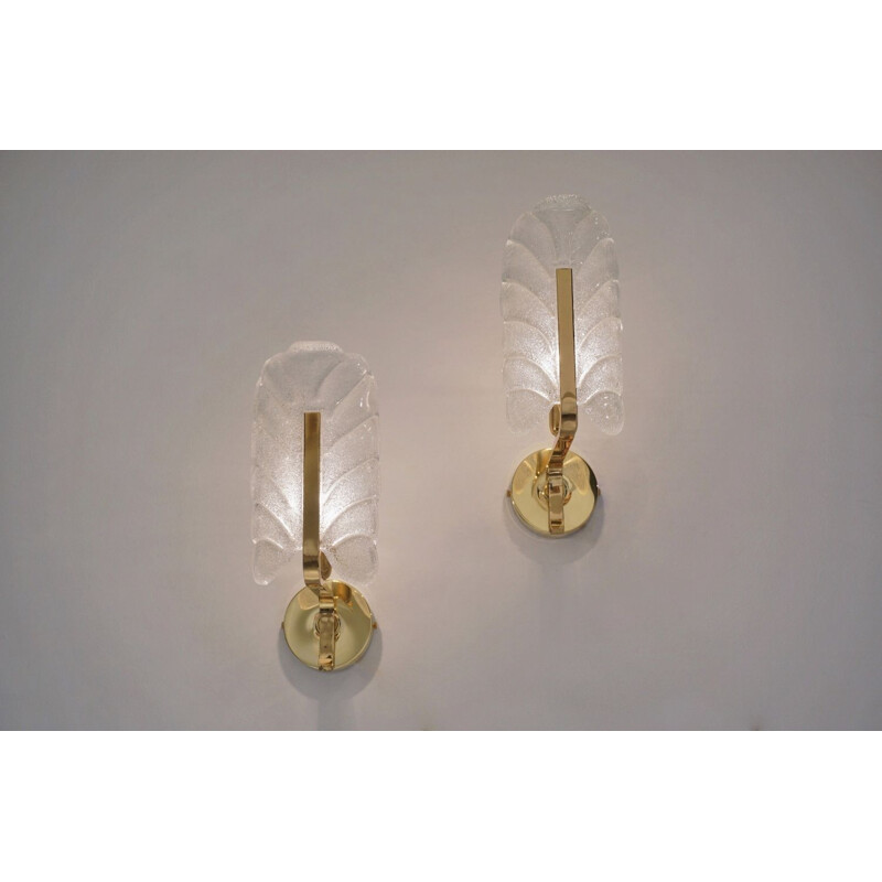 Pair of vintage Orrefors wall lights Carl Fagerlund, glass & brass Sweden 1960s
