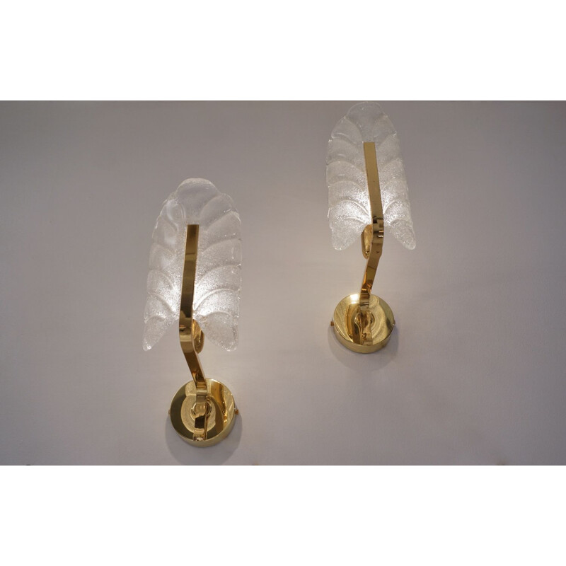 Pair of vintage Orrefors wall lights Carl Fagerlund, glass & brass Sweden 1960s