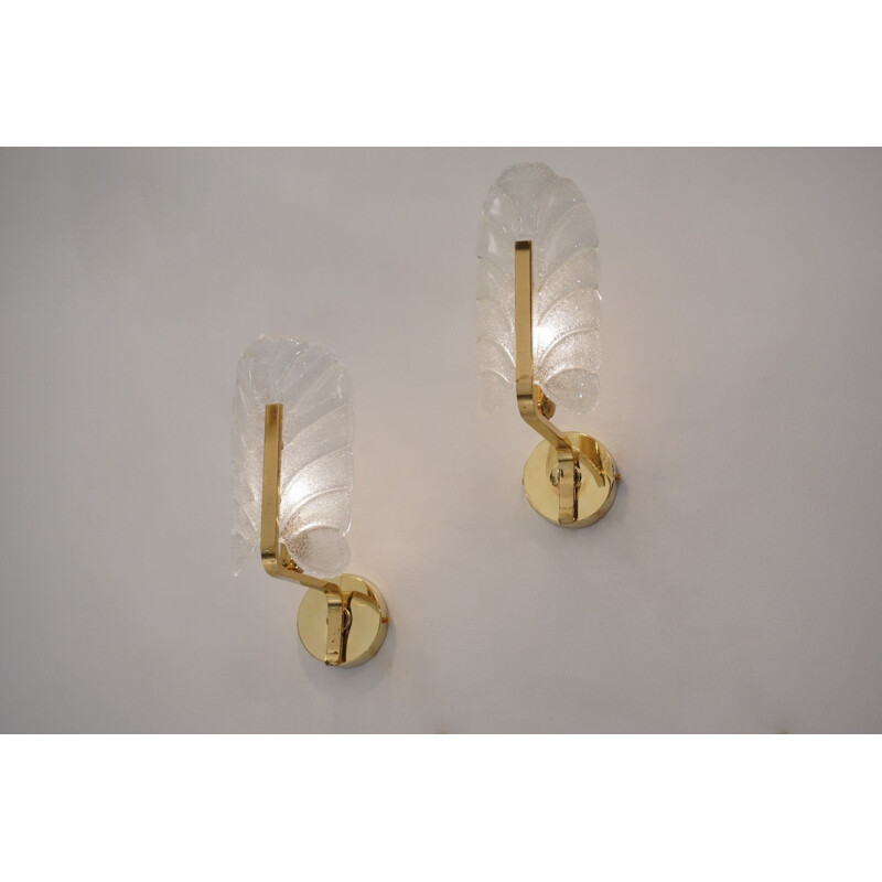 Pair of vintage Orrefors wall lights Carl Fagerlund, glass & brass Sweden 1960s