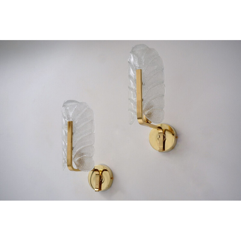 Pair of vintage Orrefors wall lights Carl Fagerlund, glass & brass Sweden 1960s