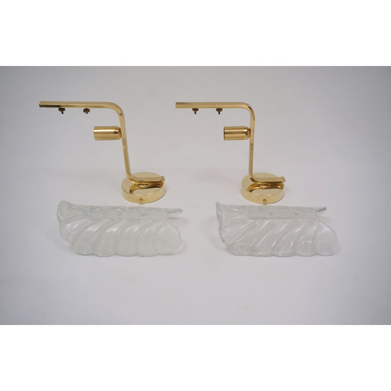 Pair of vintage Orrefors wall lights Carl Fagerlund, glass & brass Sweden 1960s